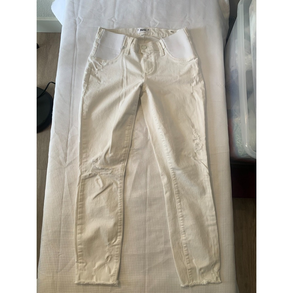 (A-20)Paige Verdugo Crop Women's White Distressed Jeans Size 27 High Rise Stretc